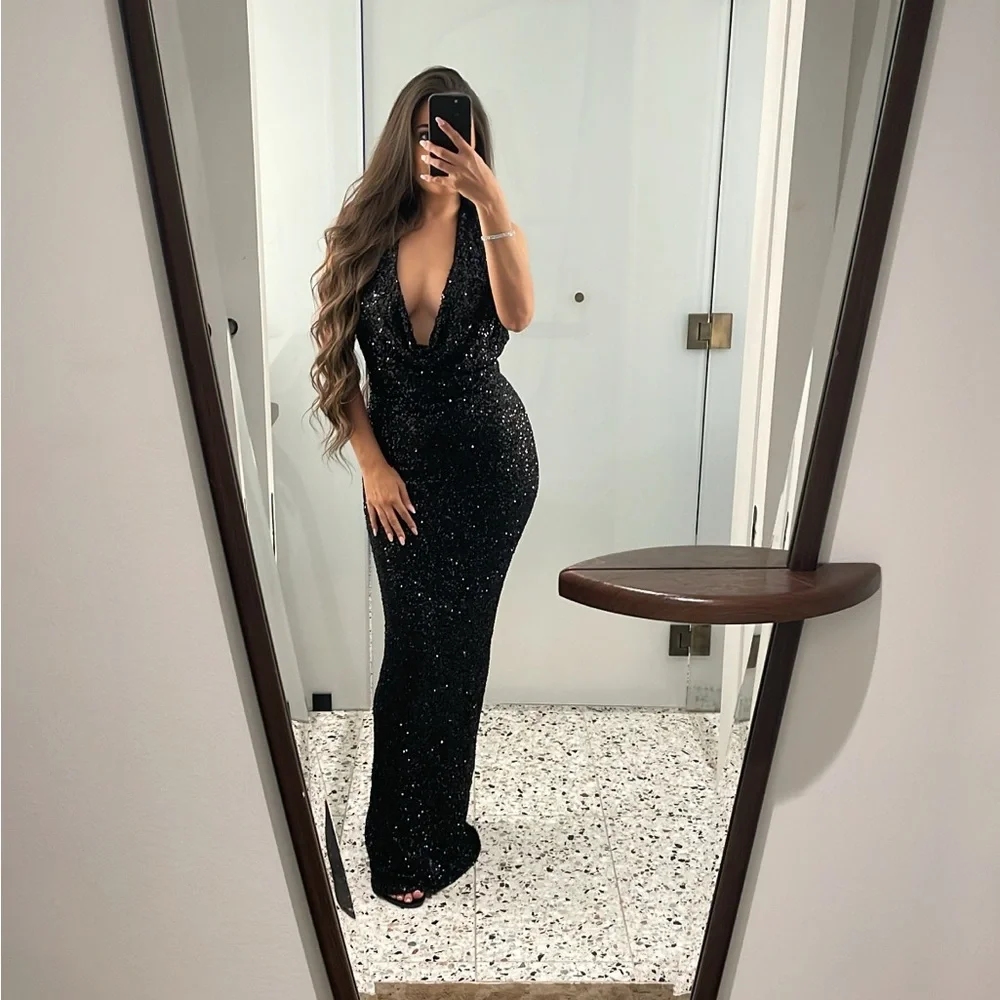 White Fox Boutique Black Sequin Halter Maxi Gown | XS